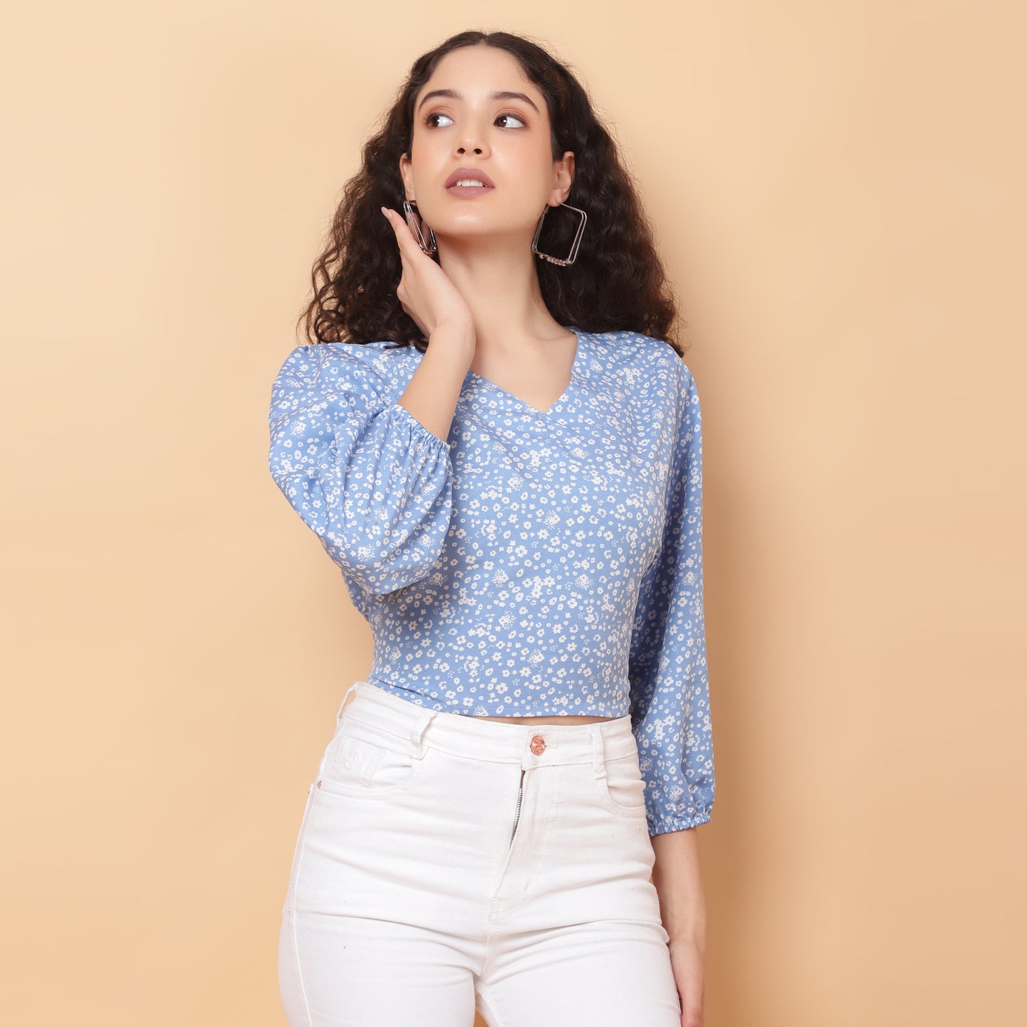Women Light Blue V-Neck Crop Top
