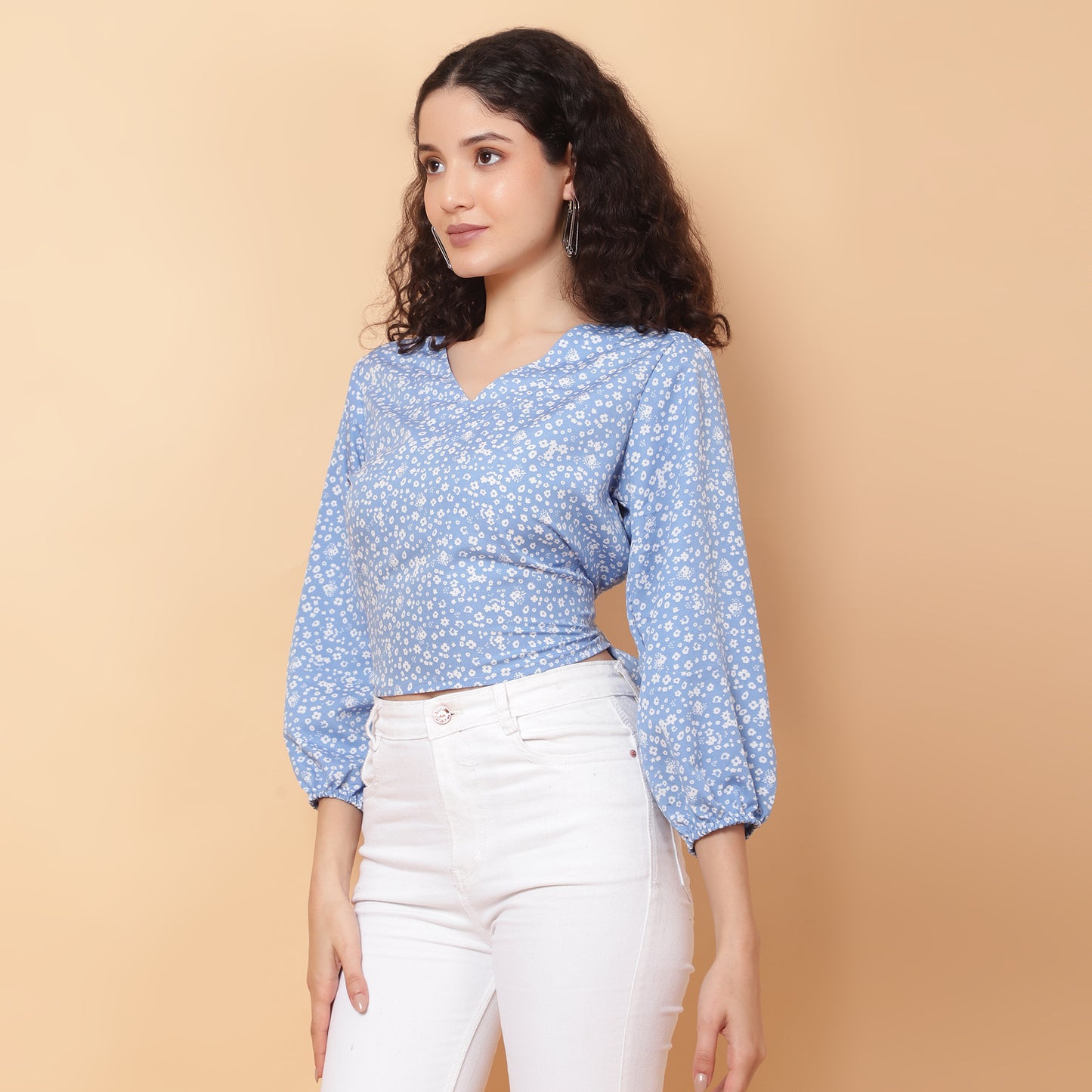 Women Light Blue V-Neck Crop Top