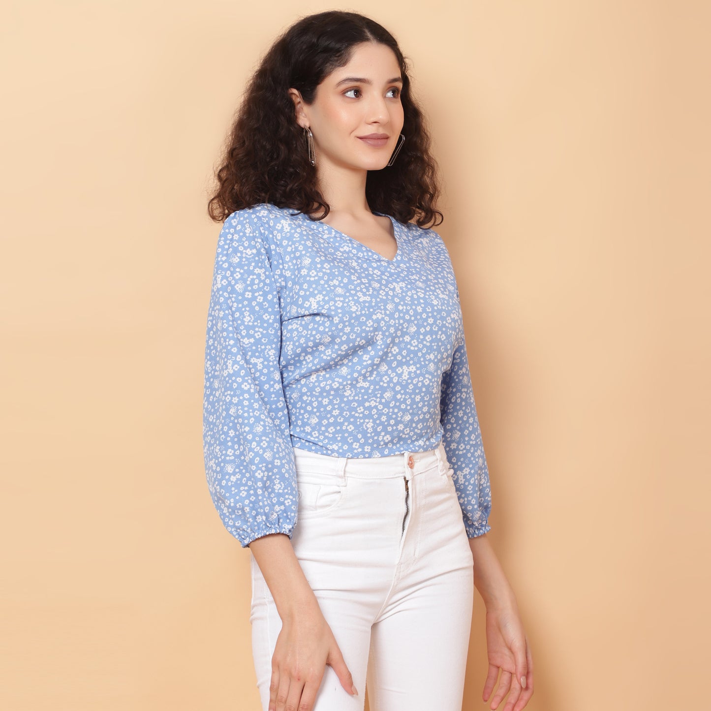 Women Light Blue V-Neck Crop Top