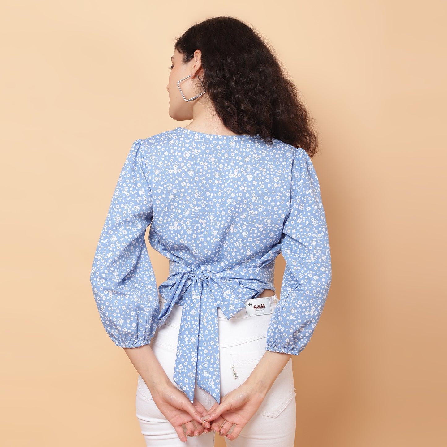 Women Light Blue V-Neck Crop Top