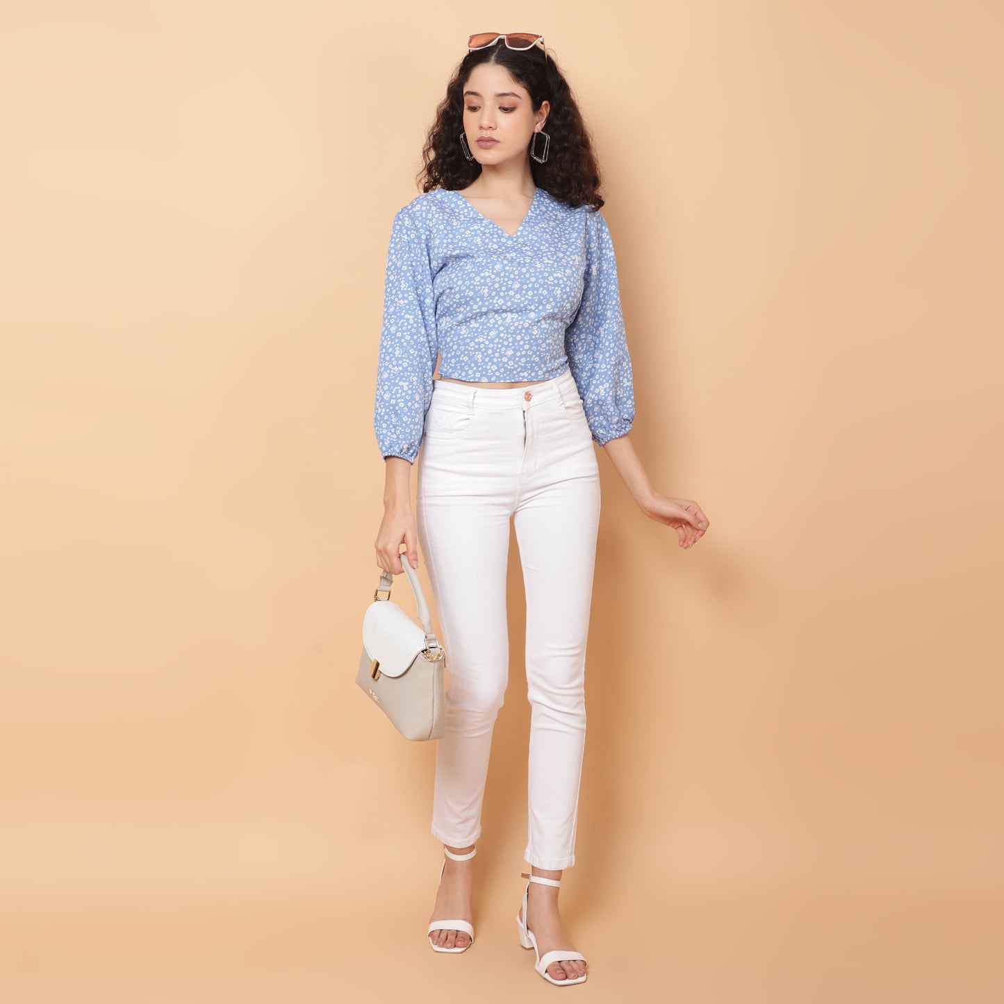Women Light Blue V-Neck Crop Top