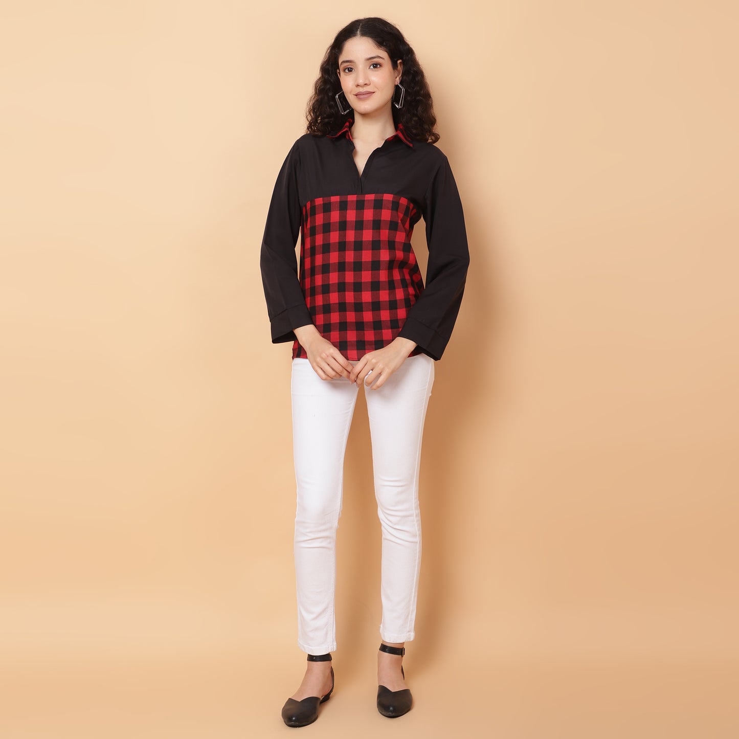 Women Check Red & Black Casual Collar Shirt