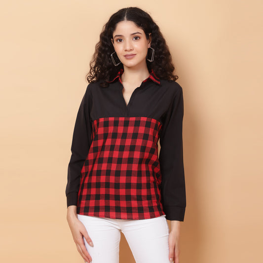 Women Check Red & Black Casual Collar Shirt