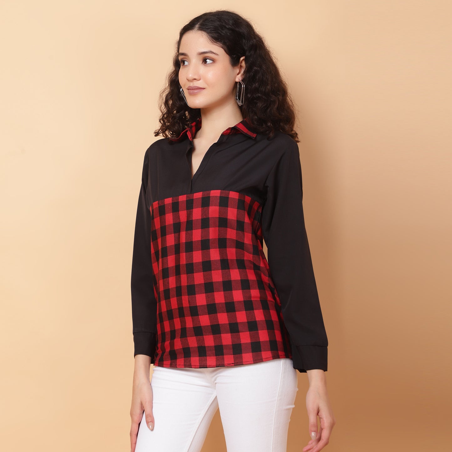 Women Check Red & Black Casual Collar Shirt