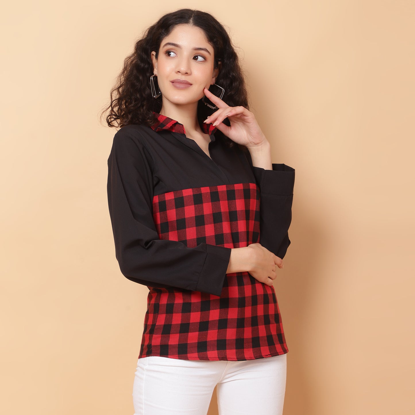 Women Check Red & Black Casual Collar Shirt