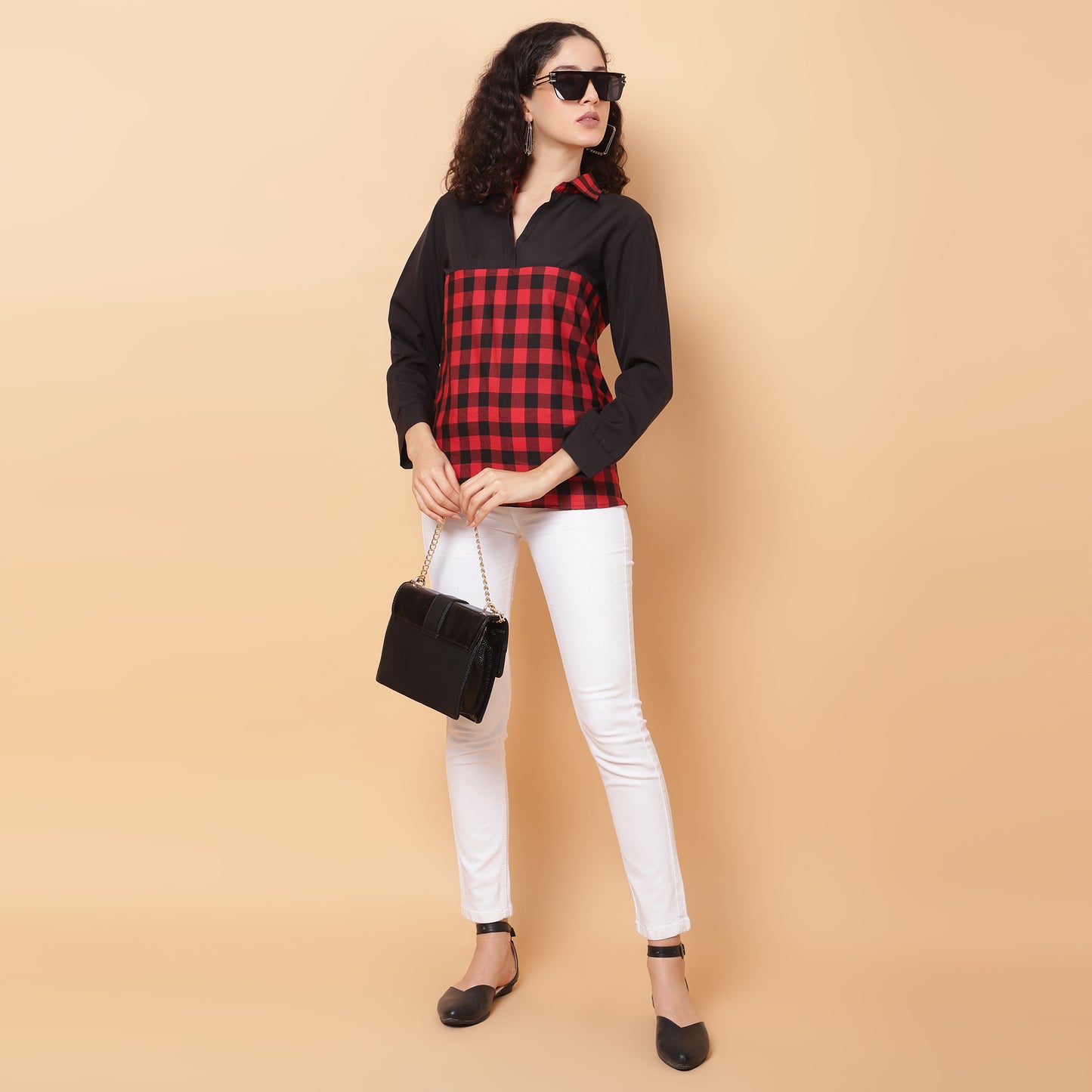 Women Check Red & Black Casual Collar Shirt