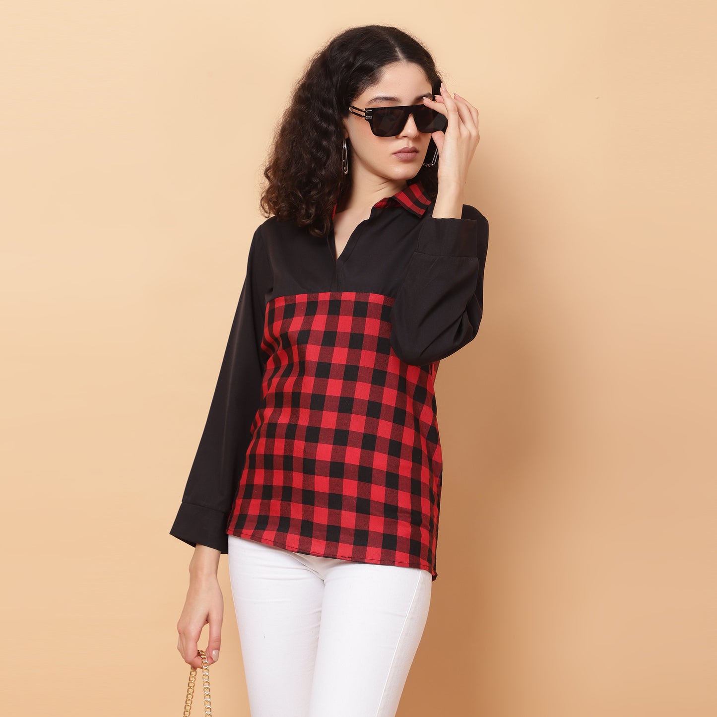 Women Check Red & Black Casual Collar Shirt
