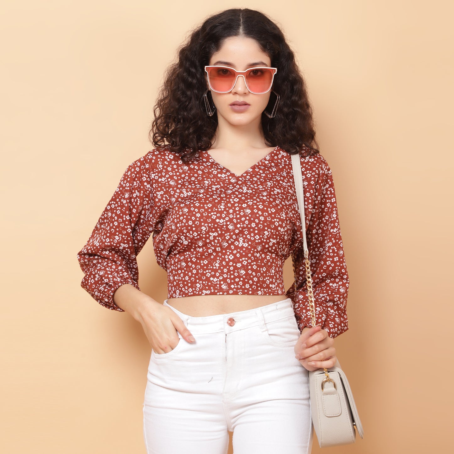 Women Rust V-Neck Crop Top