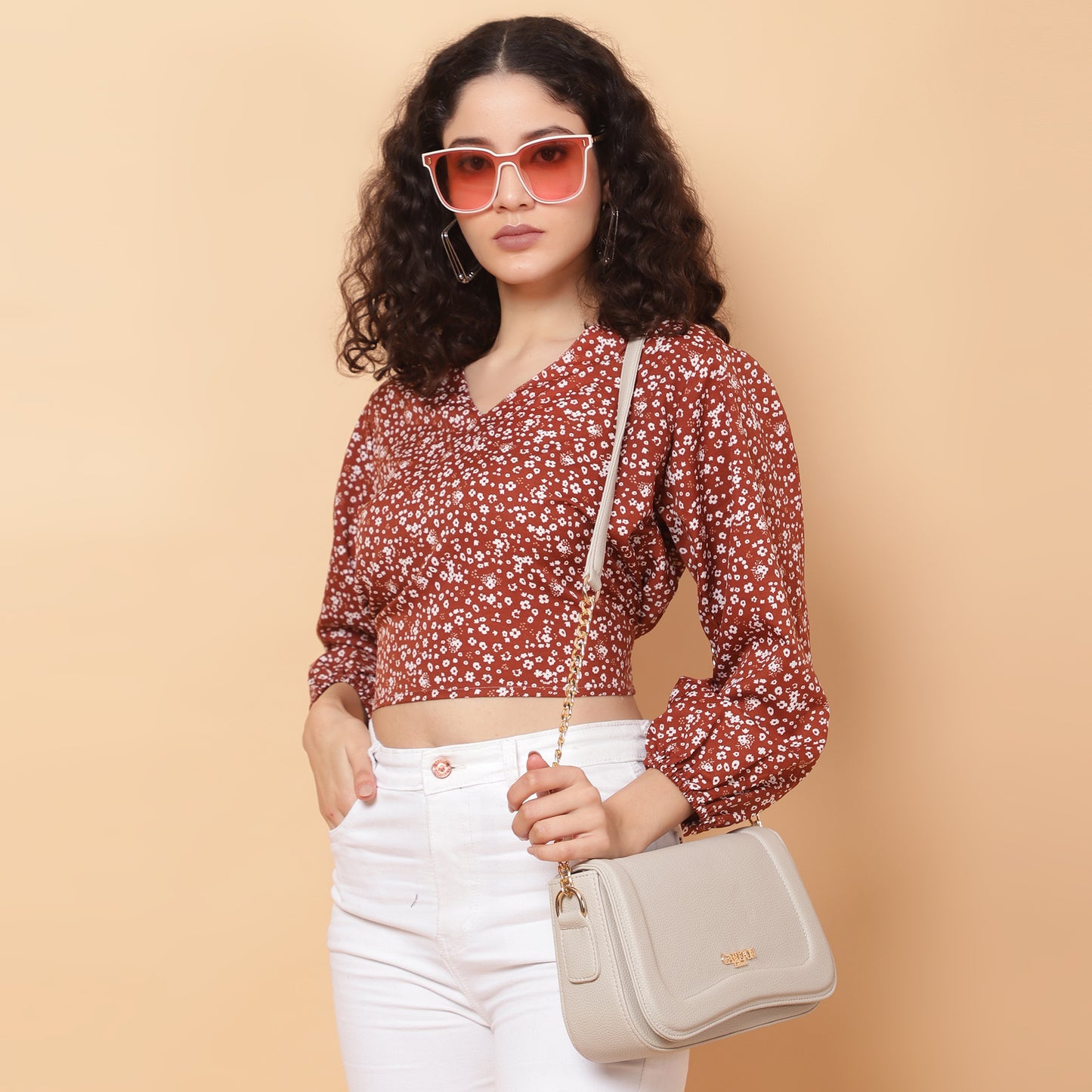 Women Rust V-Neck Crop Top