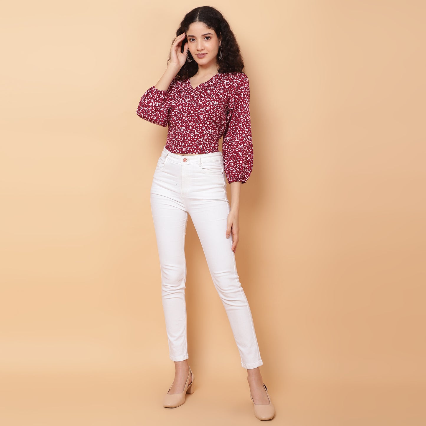 Women Maroon V-Neck Crop Top