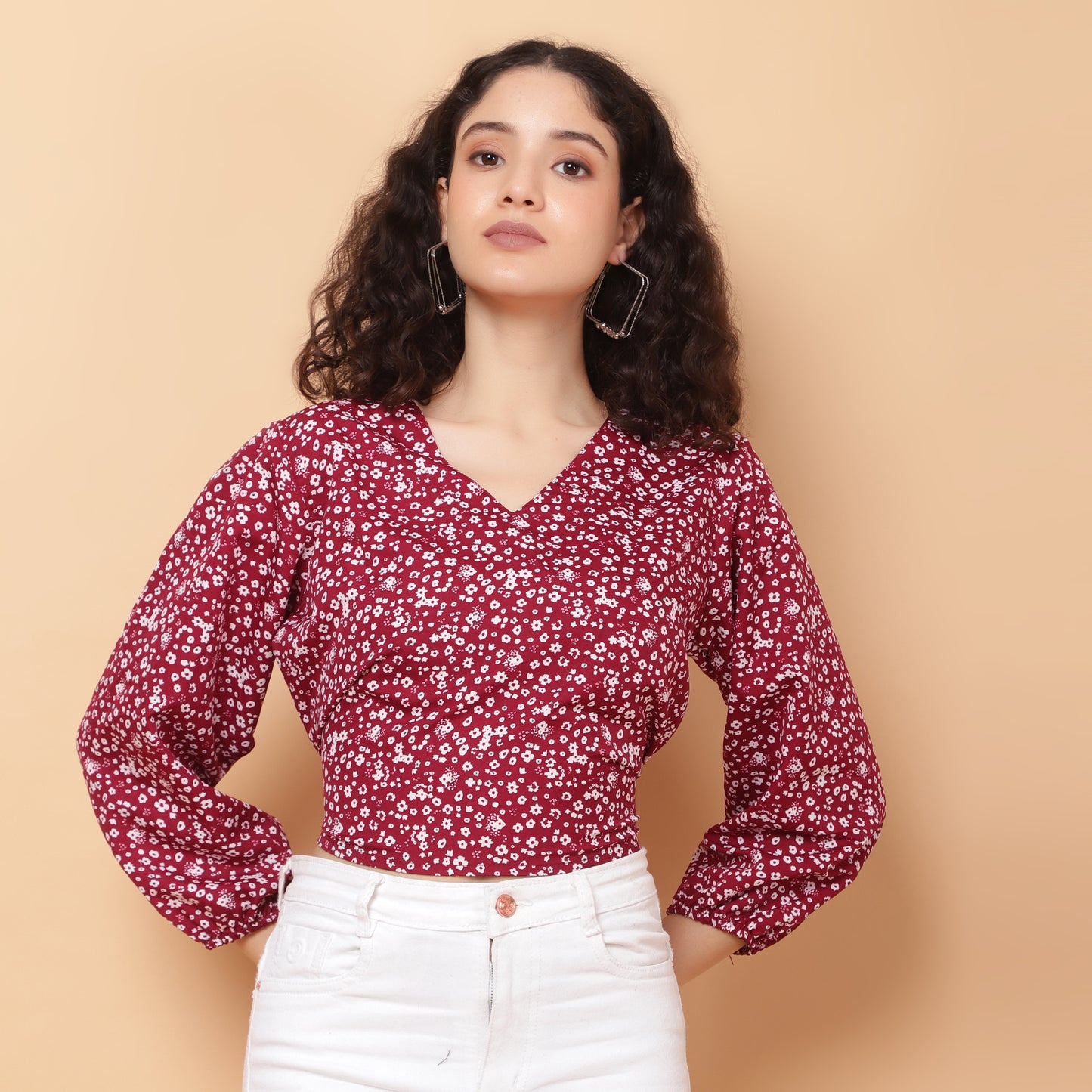 Women Maroon V-Neck Crop Top