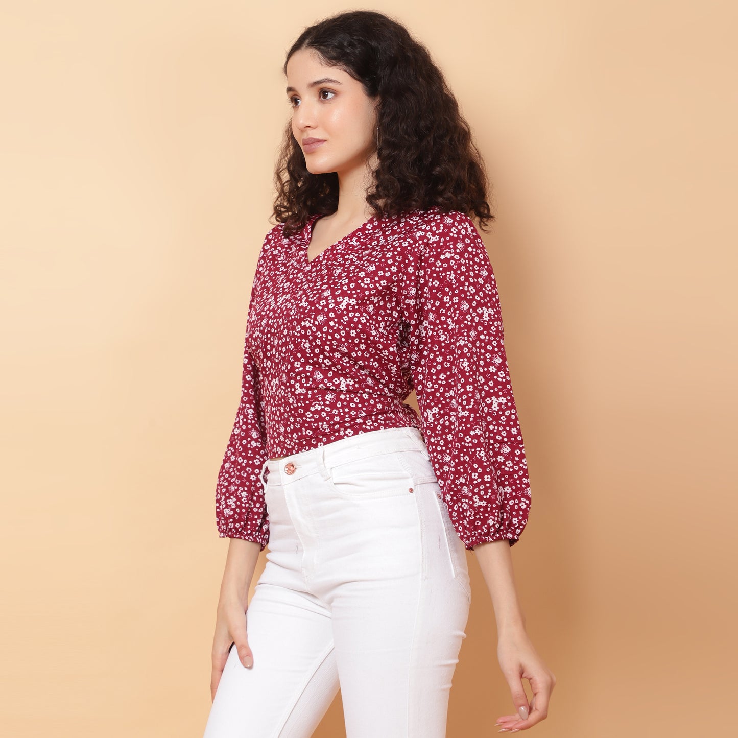 Women Maroon V-Neck Crop Top
