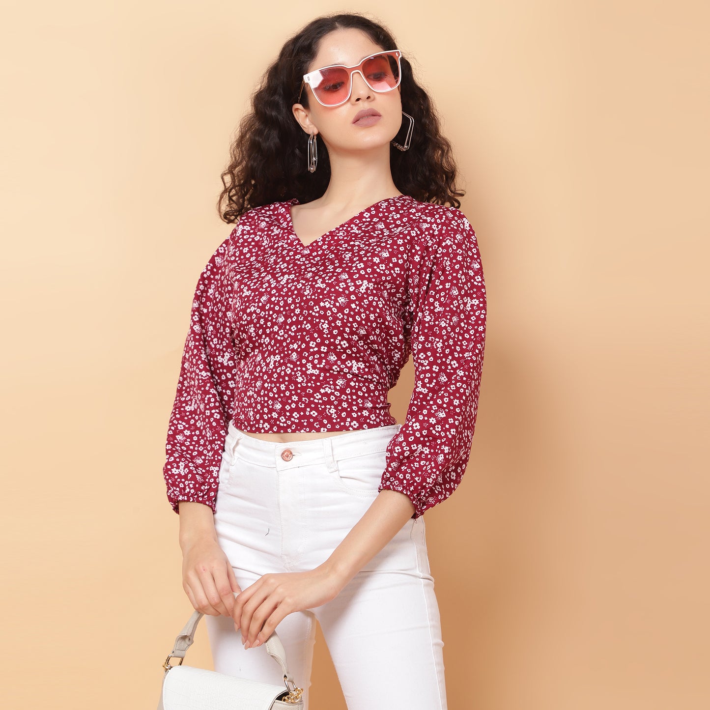 Women Maroon V-Neck Crop Top