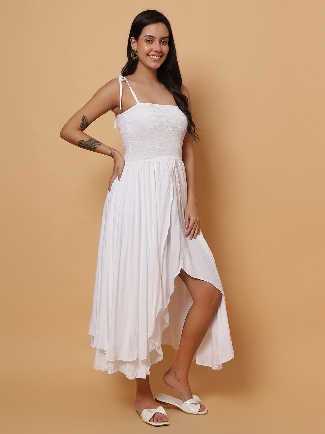Women White Sleeveless Flared Long Dress