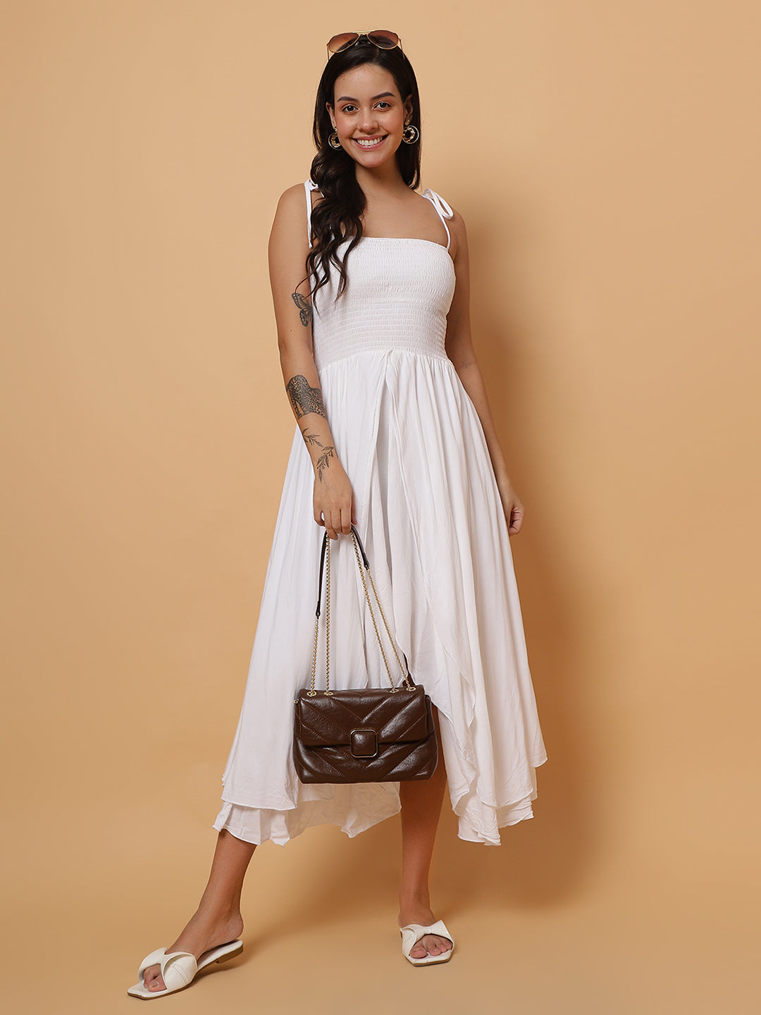 Women White Sleeveless Flared Long Dress