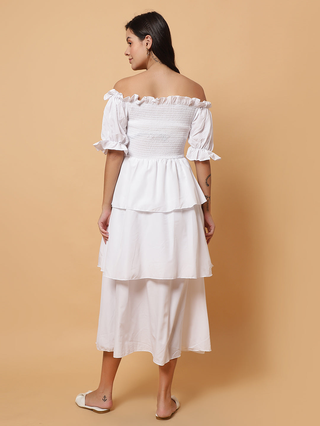 Women White Off-Shoulder Layered Long Dress