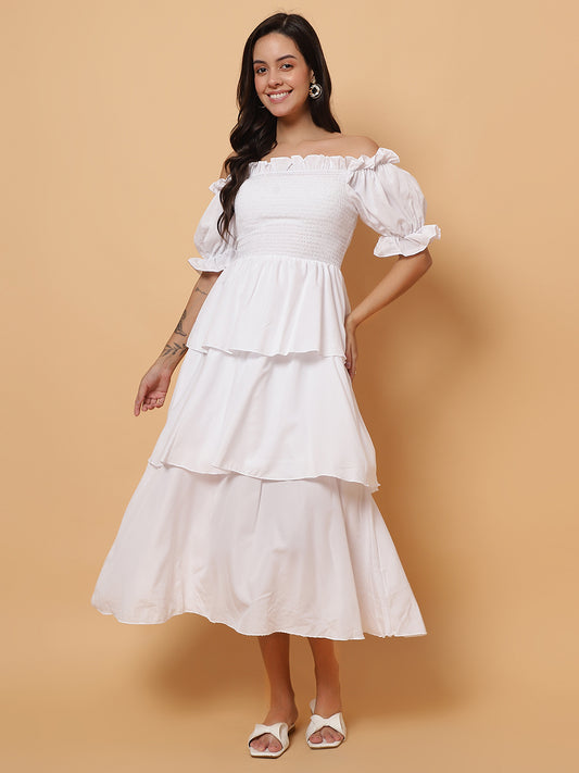 Women White Off-Shoulder Layered Long Dress