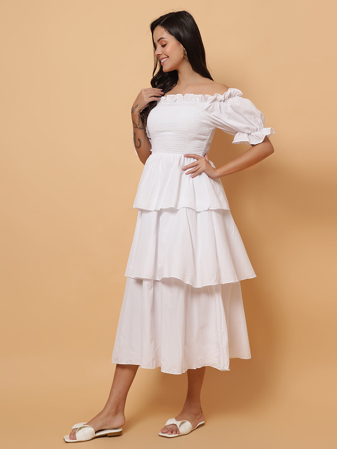 Women White Off-Shoulder Layered Long Dress