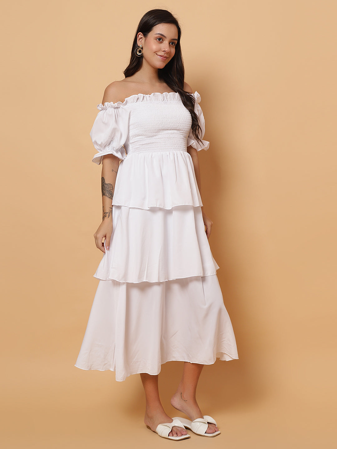 Women White Off-Shoulder Layered Long Dress
