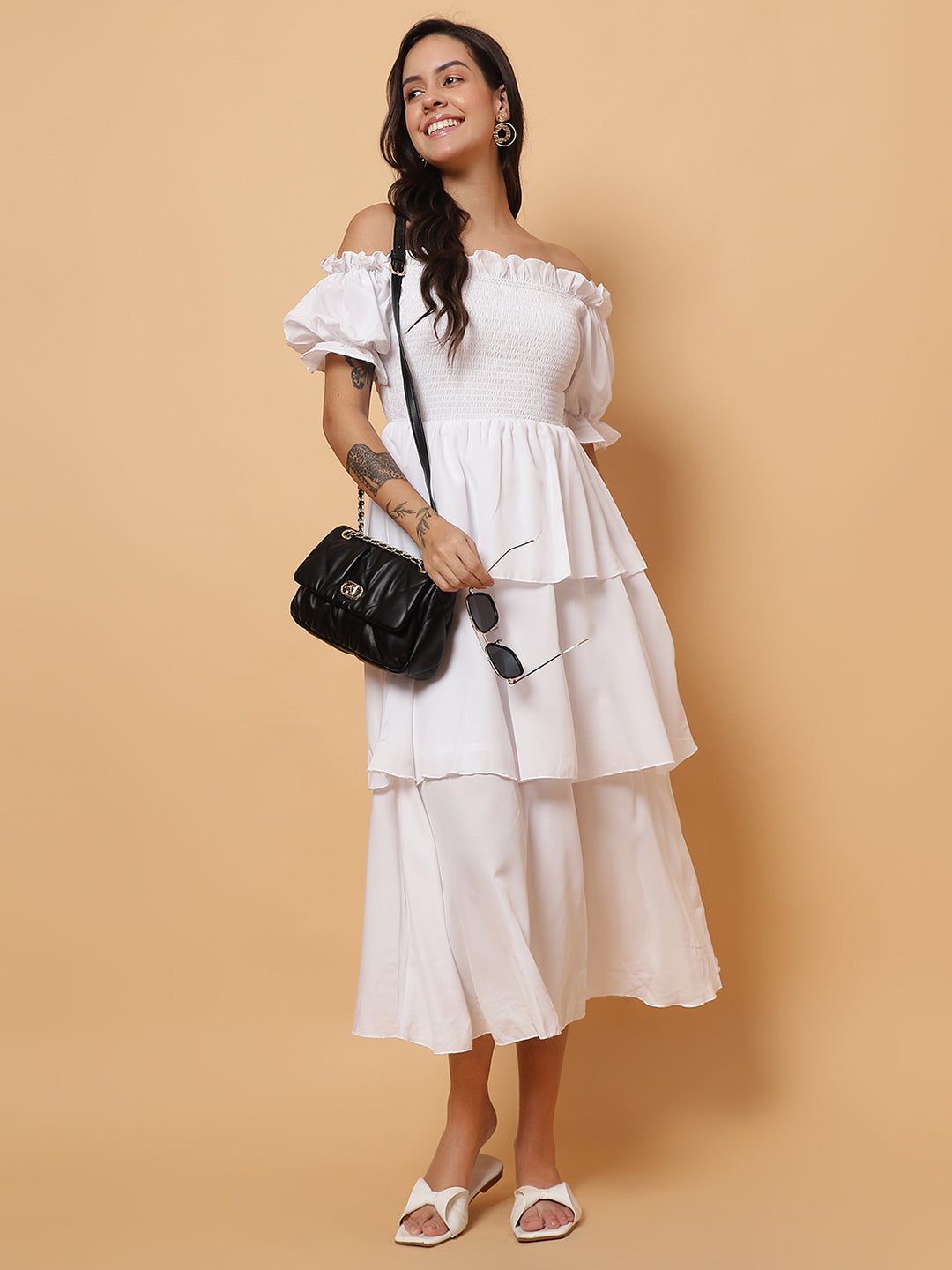 Women White Off-Shoulder Layered Long Dress