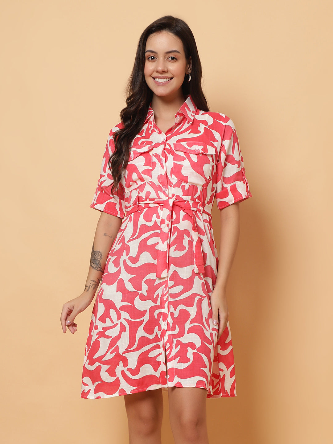 Women Red Printed Shirt Style Dress