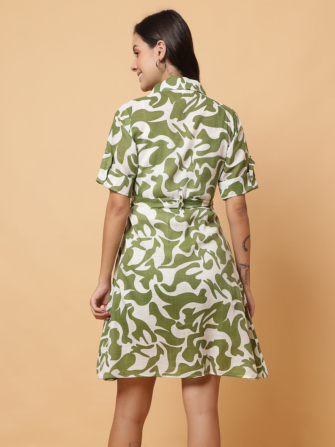 Women Green Printed Shirt Style Dress