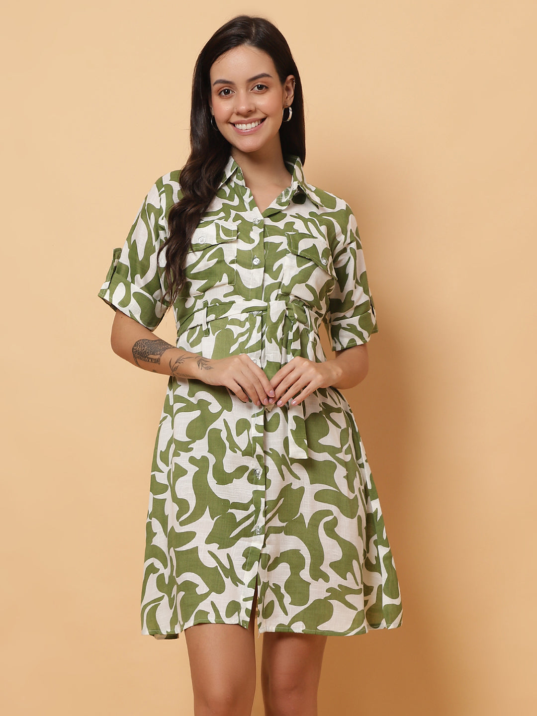 Women Green Printed Shirt Style Dress