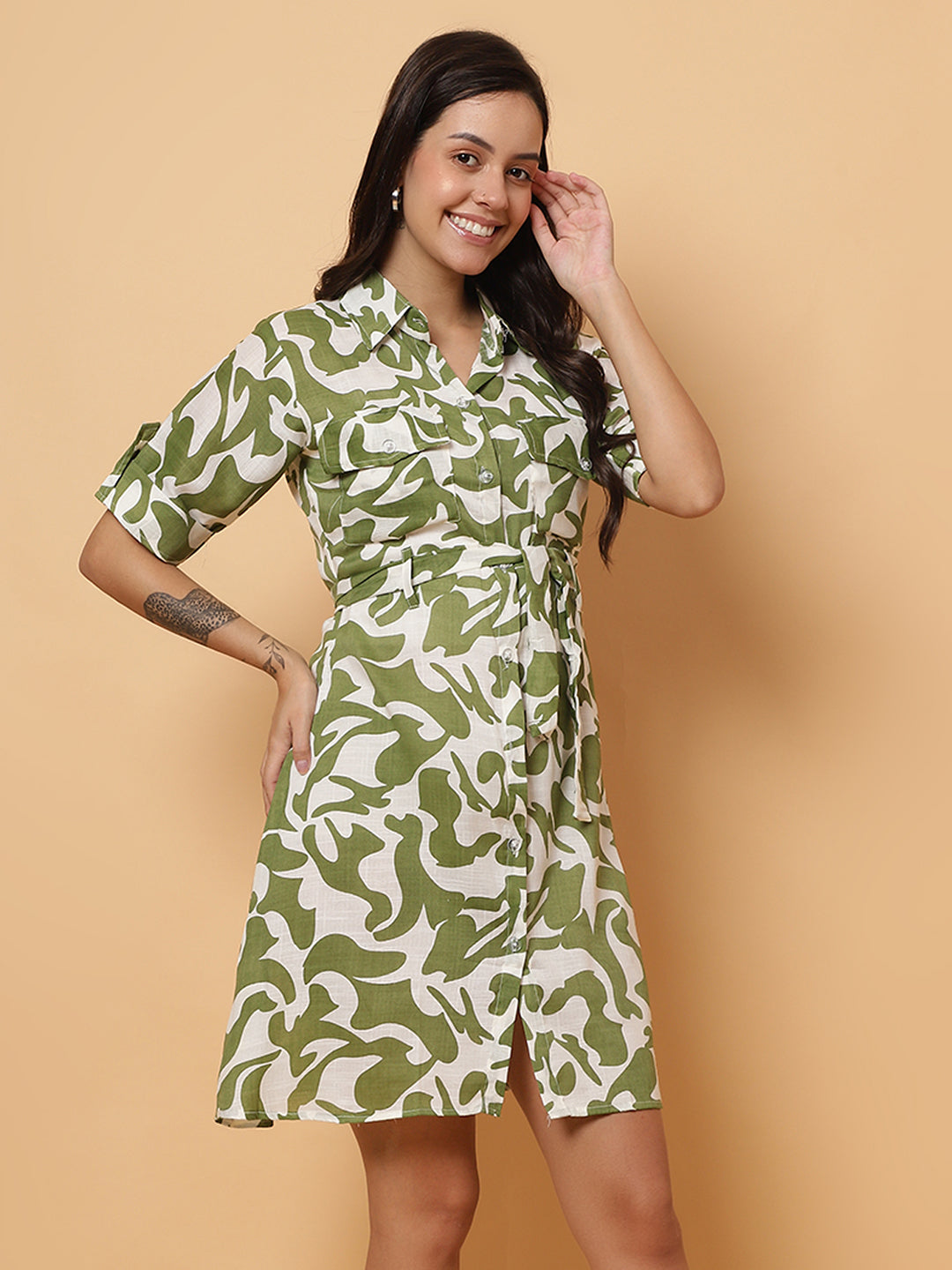 Women Green Printed Shirt Style Dress