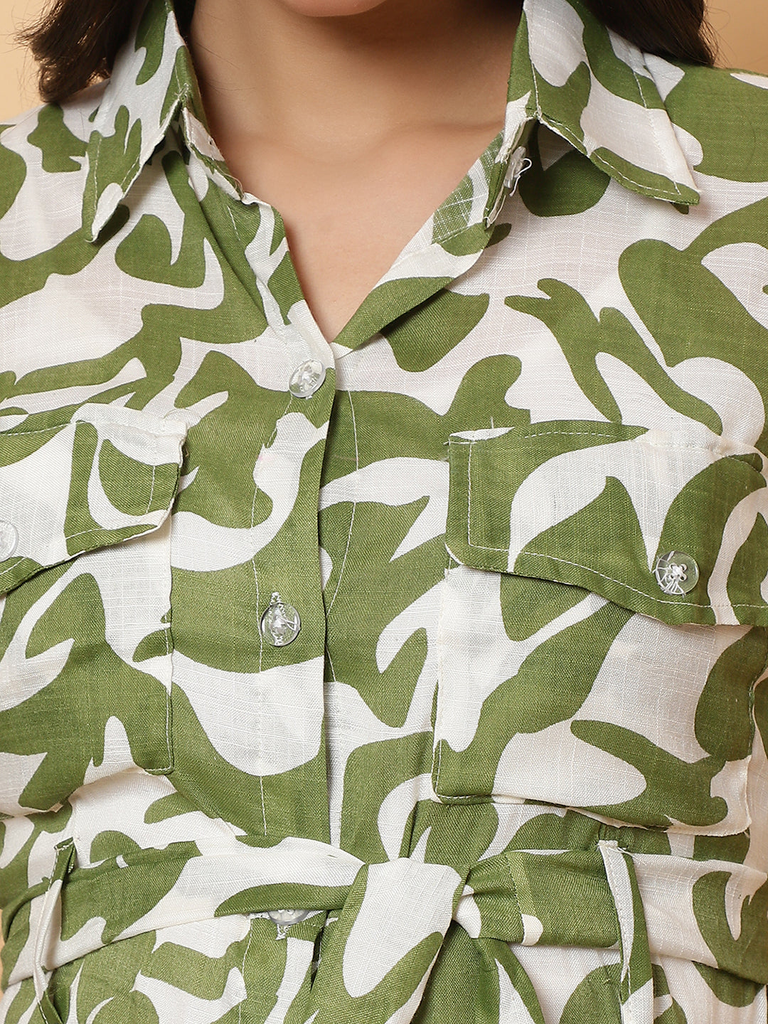 Women Green Printed Shirt Style Dress