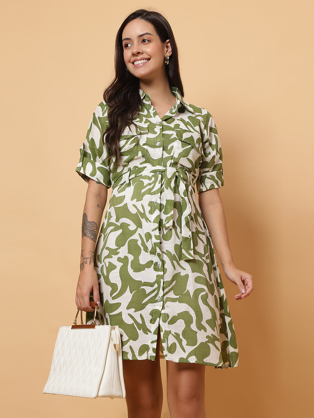 Women Green Printed Shirt Style Dress