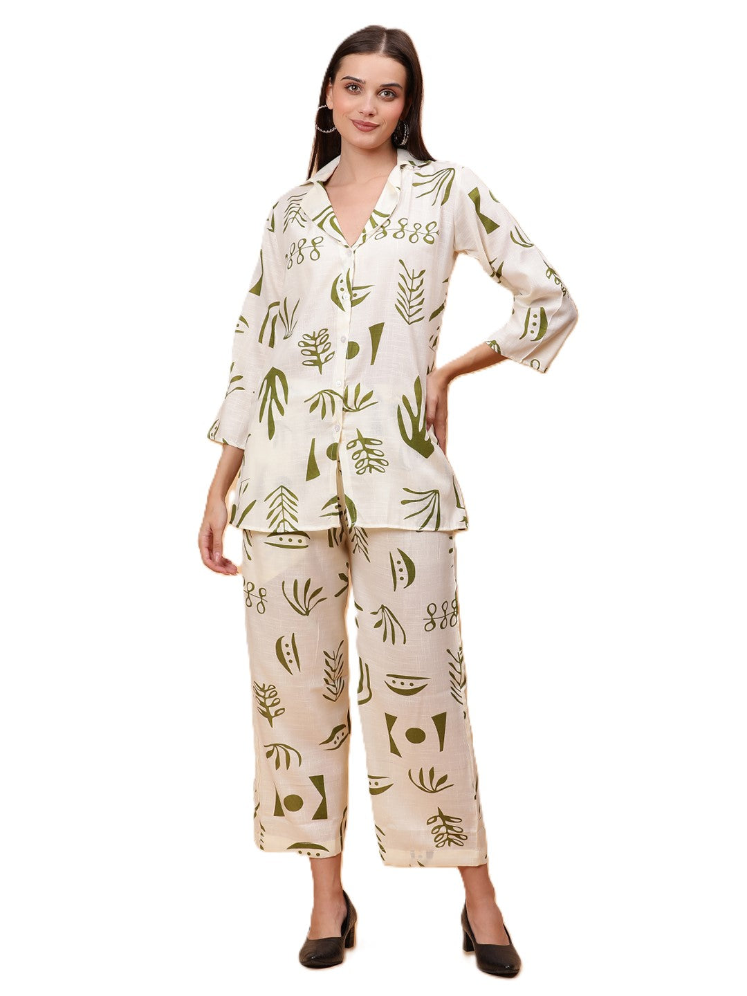 Women Olive Green Printed Shirt Co-Ords Set