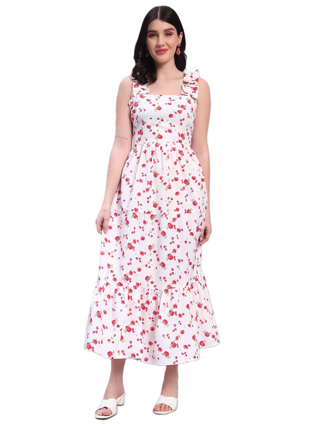 Women Floral White & Red Dress