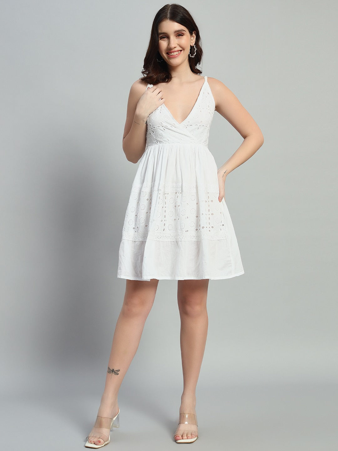 White Sleeveless V neck Dress