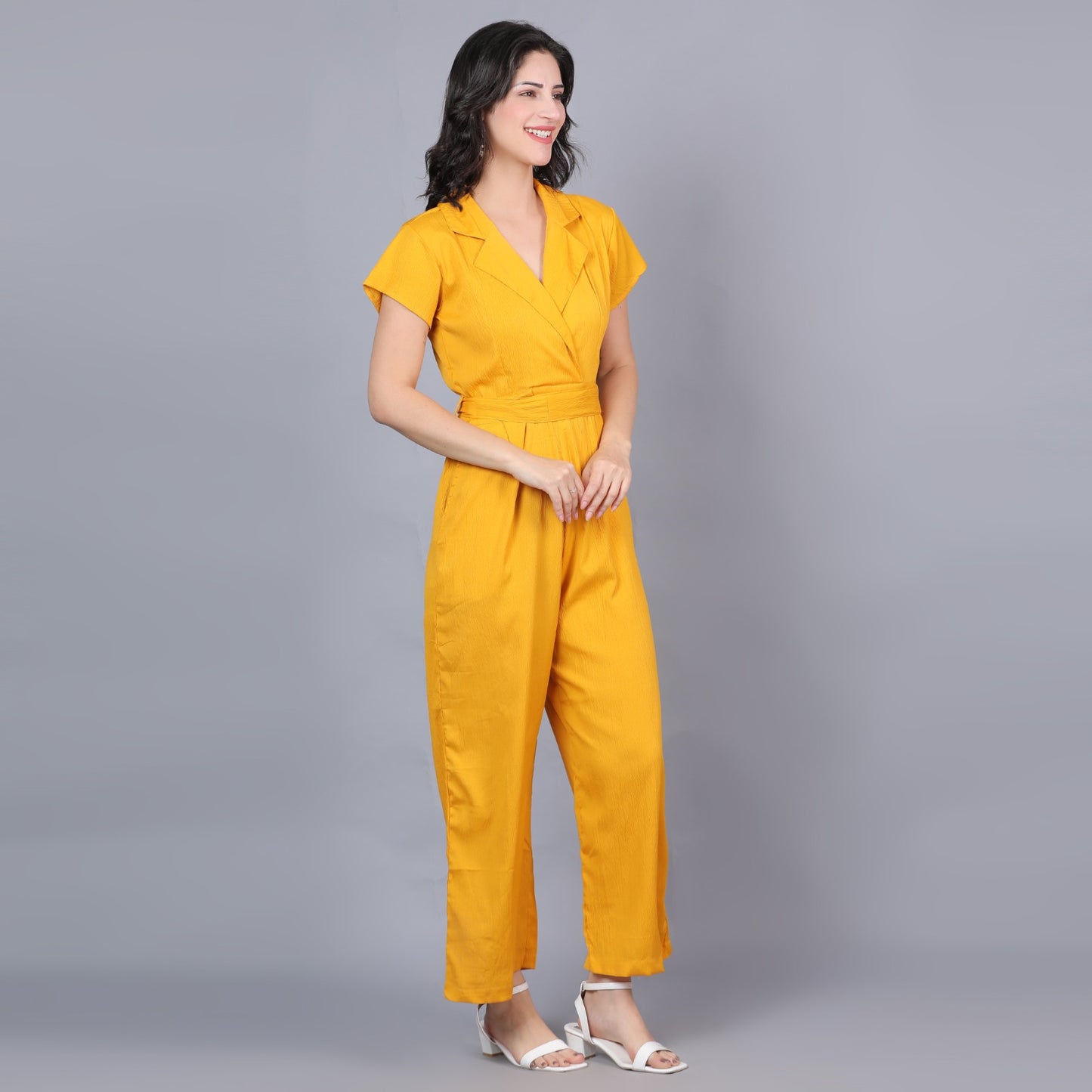 Women Solid Yellow V neck Jumpsuit