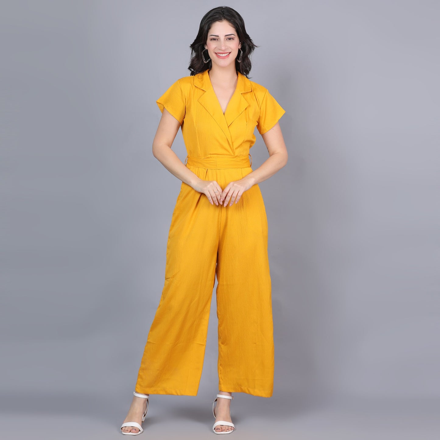 Women Solid Yellow V neck Jumpsuit