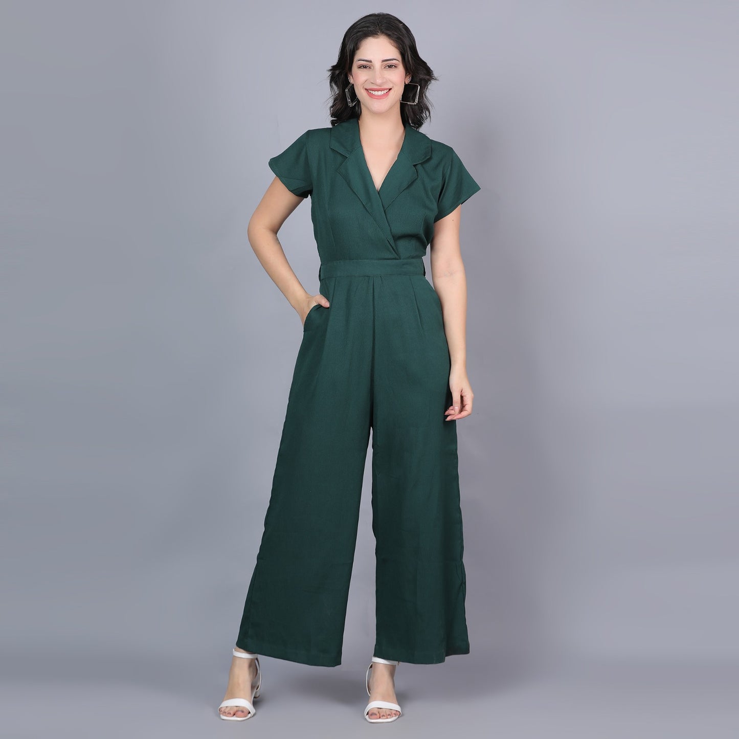 Women Solid Dark Green V neck Jumpsuit