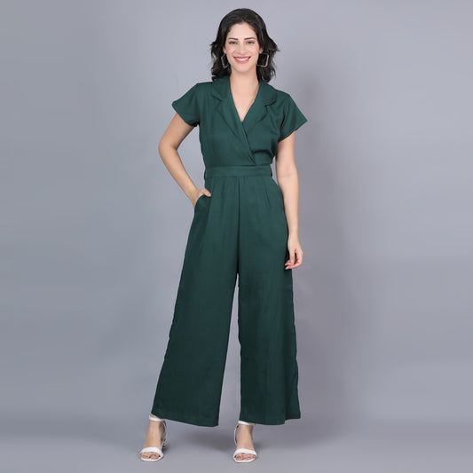 Women Solid Dark Green V neck Jumpsuit