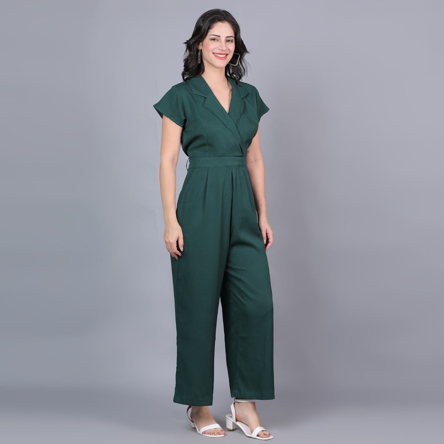 Women Solid Dark Green V neck Jumpsuit