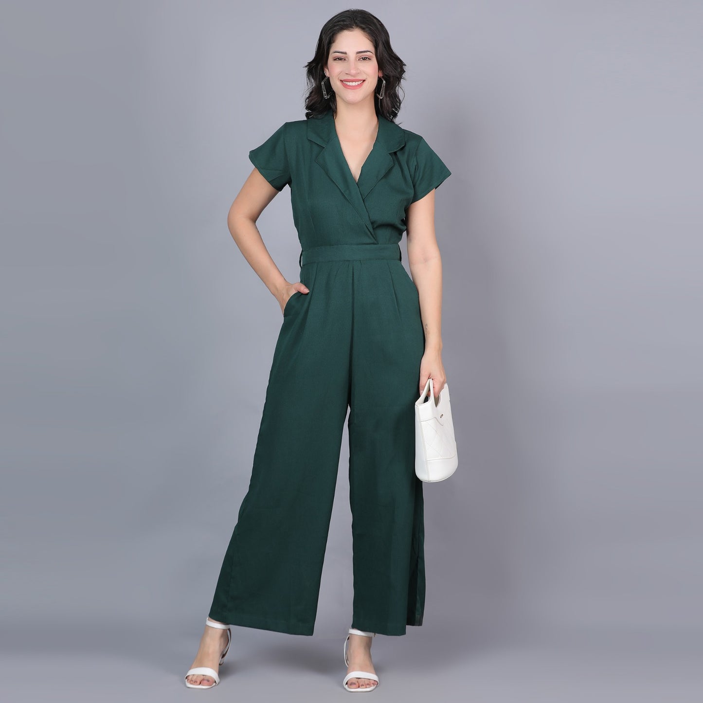 Women Solid Dark Green V neck Jumpsuit