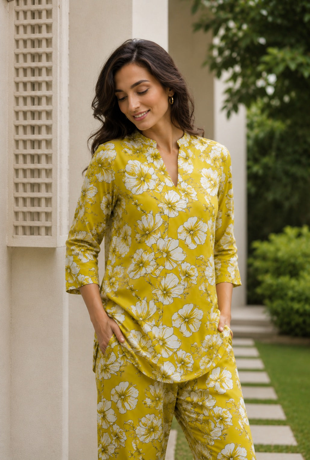 Floral Printed Mandarin collar pleated Co-Ords Set