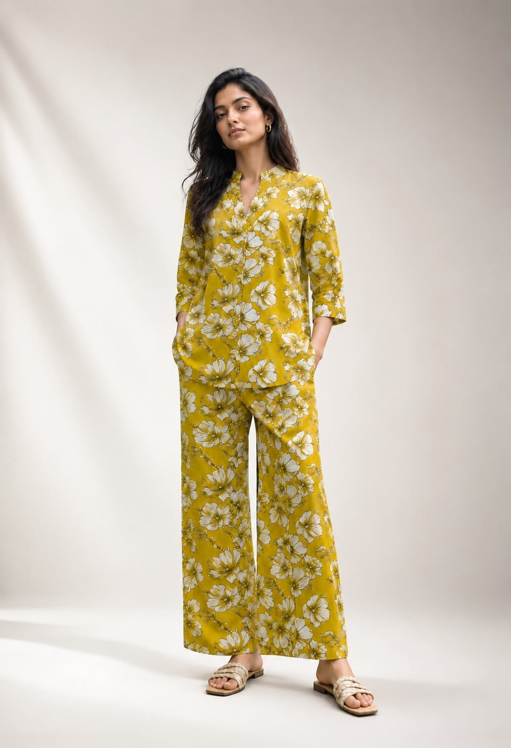 Floral Printed Mandarin collar pleated Co-Ords Set