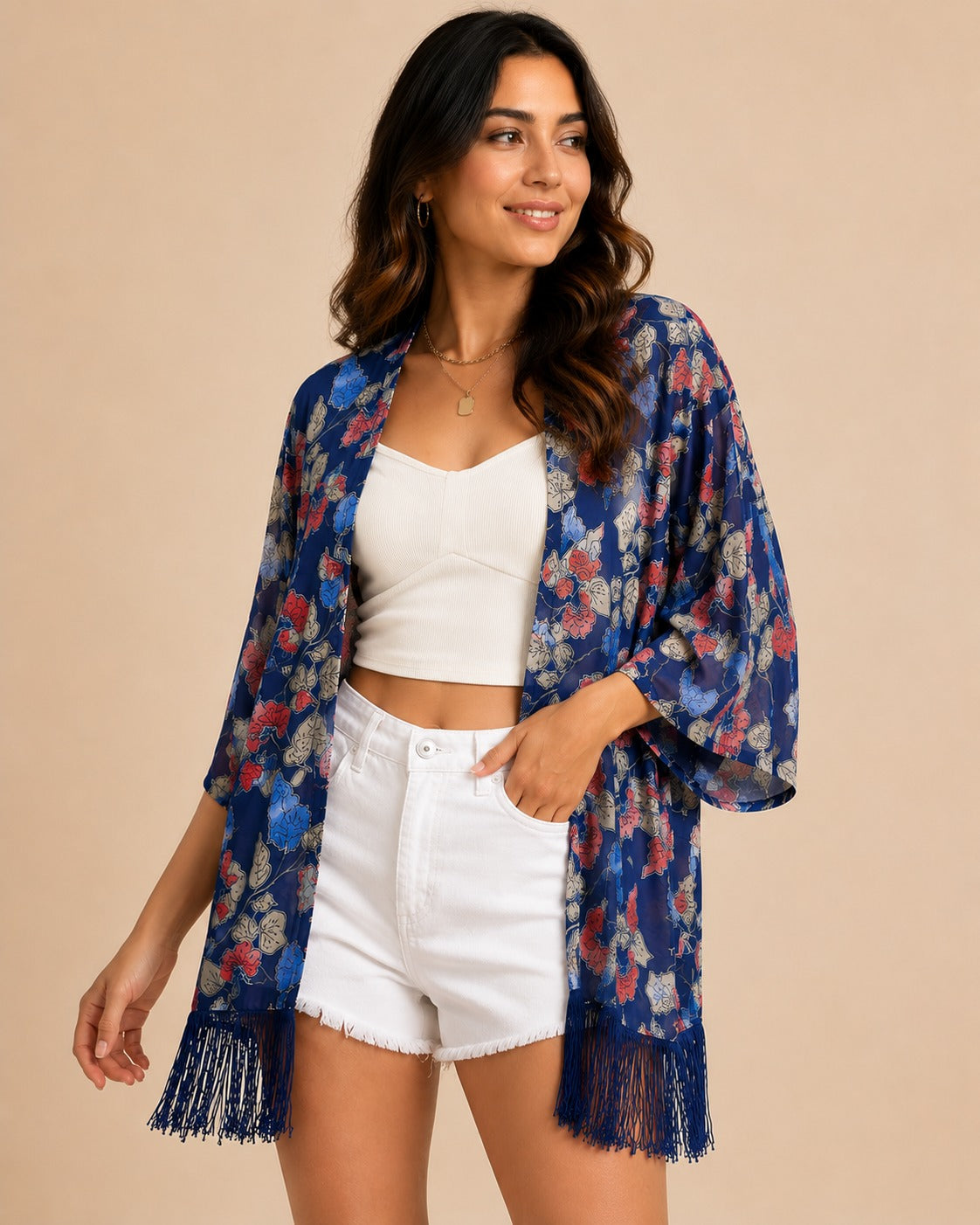 Women Navy Blue Floral Printed Front Open Longline Shrug