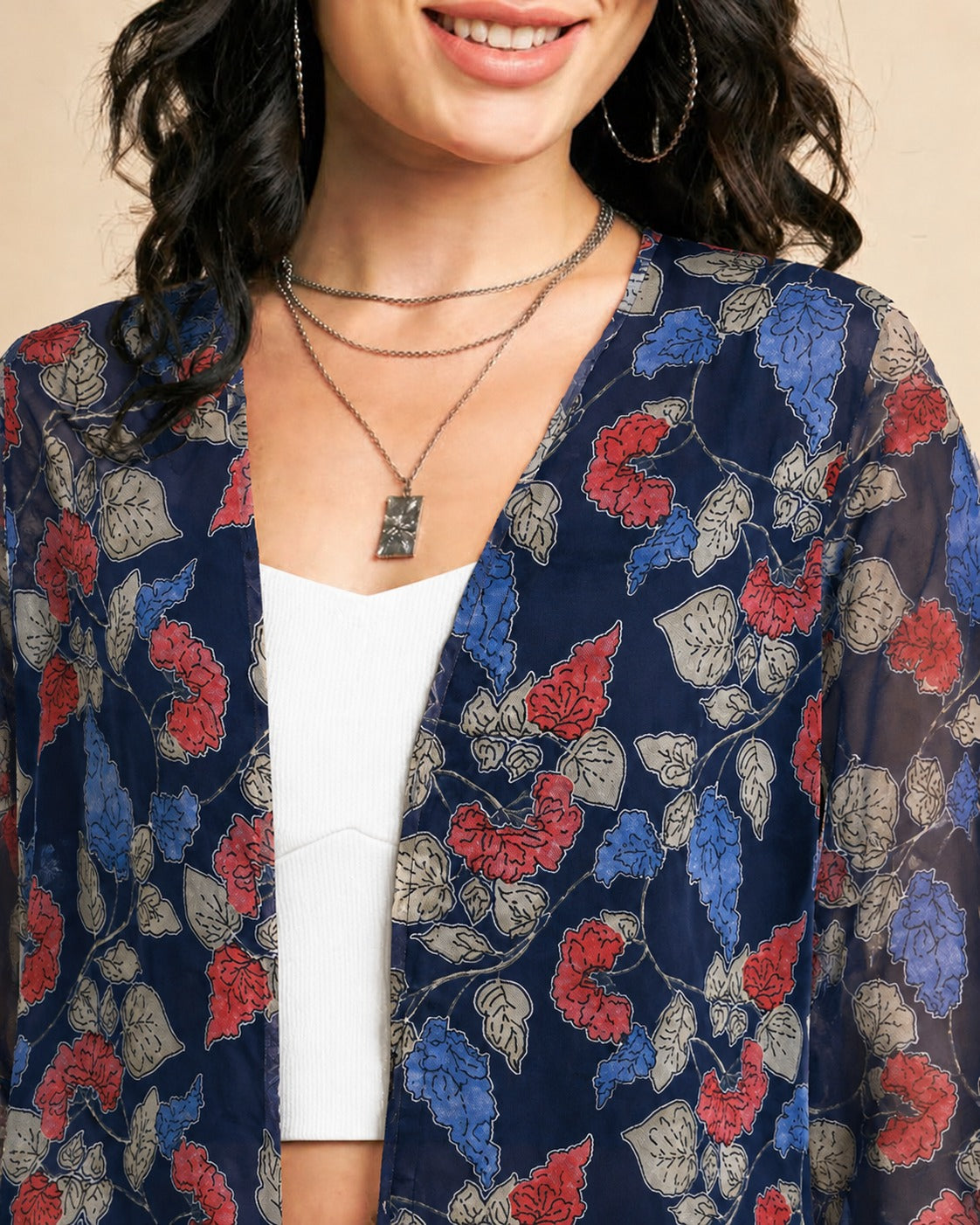 Women Navy Blue Floral Printed Front Open Longline Shrug