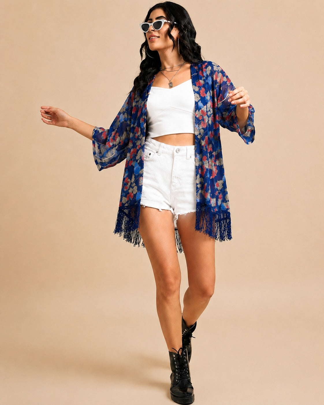 Women Navy Blue Floral Printed Front Open Longline Shrug
