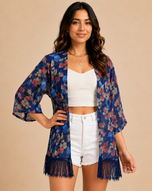 Women Navy Blue Floral Printed Front Open Longline Shrug