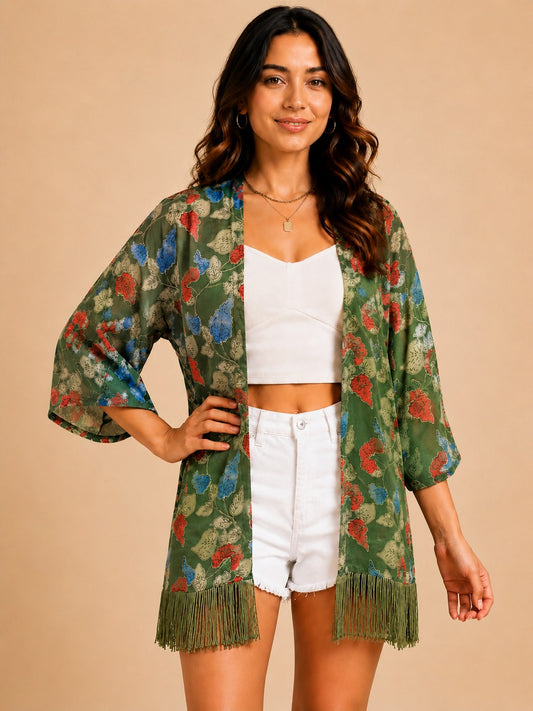 Women Green Floral Printed Front Open Longline Shrug