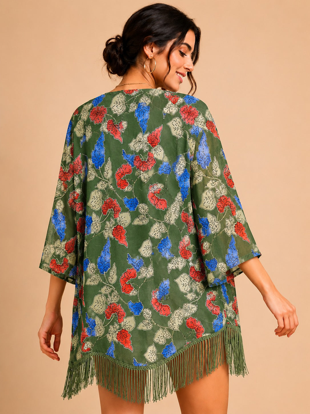 Women Green Floral Printed Front Open Longline Shrug