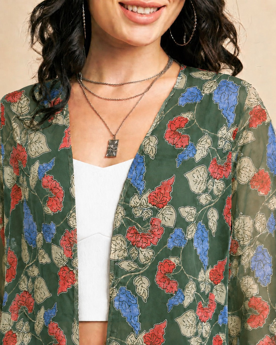 Women Green Floral Printed Front Open Longline Shrug