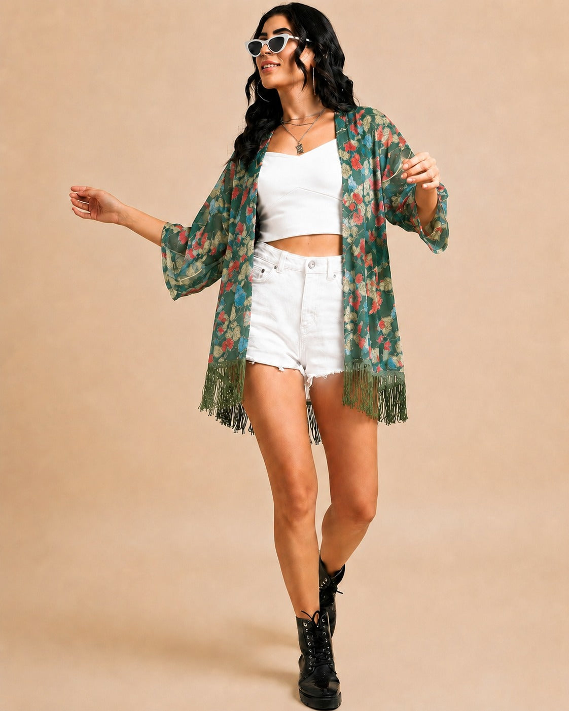 Women Green Floral Printed Front Open Longline Shrug