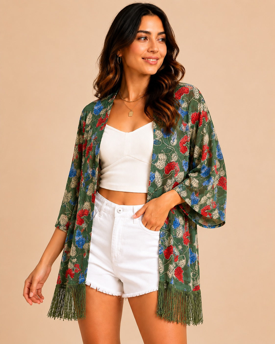 Women Green Floral Printed Front Open Longline Shrug